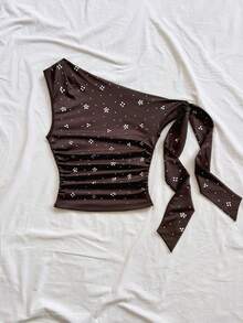 Blusa sin mangas con fruncidos y lazo frontal con lunares para mujer - Marrón - Ver 5