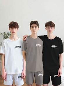 6pcs/Set Teenage Boys' Minimalist Fashion Black, Gray, Blue Letter Print Short Sleeve T-Shirt And Shorts Pajama Set - Multicolor - View 3
