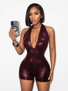 SHEIN BamGlam Women's Coated Textured Jumpsuit,Burgundy Summer Club Night Rave Bodysuit,See Through Romper,Party Vacation Outfits,Y2k Summer Clothes For Women - Red - View 7