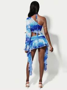 Amplova Women's Fashion Sexy Tie-Dye Print Rhinestone Asymmetric Super Short Halter Top & Mini Skirt 3-Piece Set - Blue - View 2