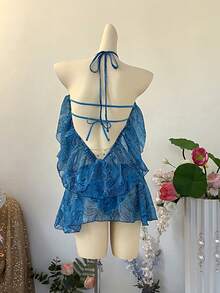 INAWLY 女士度假风腰果图案镂空荷叶边性感吊带迷你连衣裙 - 藍色 - 查看 2