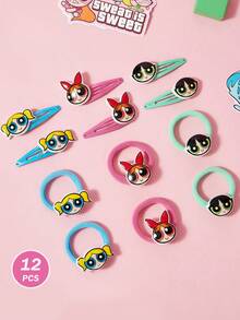 THE POWERPUFF GIRLS X SHEIN 12Pcs Cute Cartoon Girls Hair Tie And Hair Clip Set. Elastic Rubber Bands, Widened And Thickened, Won't Pull Hair, Suitable For Tying Hair And Bangs,Blossom & Bubbles & Buttercup - Multicolor - View 1