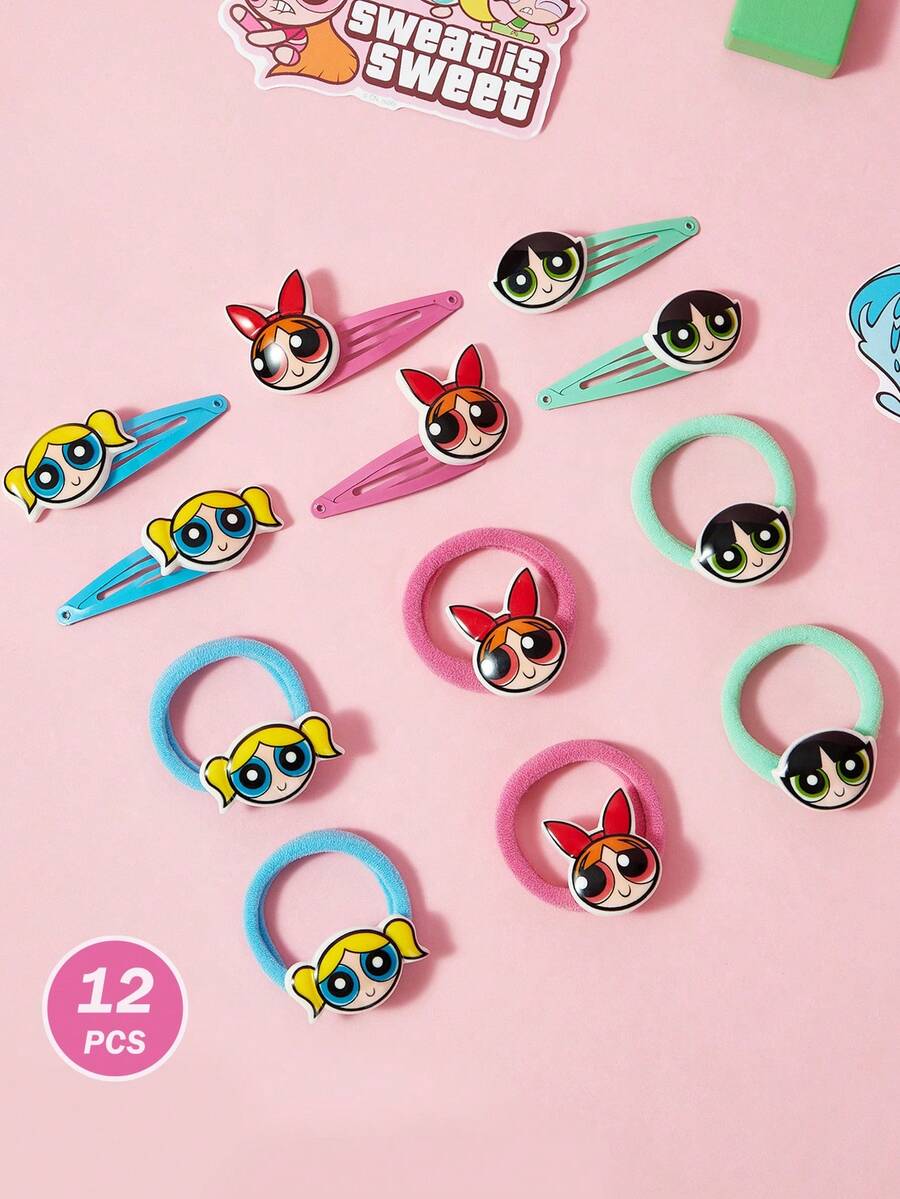 THE POWERPUFF GIRLS X SHEIN 12Pcs Cute Cartoon Girls Hair Tie And Hair Clip Set. Elastic Rubber Bands, Widened And Thickened, Won't Pull Hair, Suitable For Tying Hair And Bangs,Blossom & Bubbles & Buttercup - Multicolor - View 1