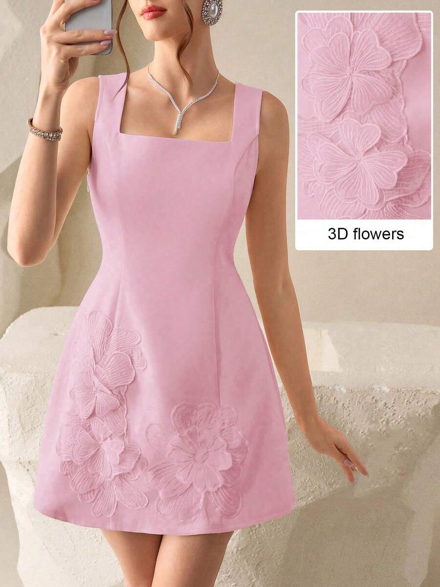 Modelyn Vestido de cóctel sexy de longitud corta con decoración floral 3D y lazo en la cintura, color amarillo pálido, para citas y fiestas - Rosa Pálido - Ver 1
