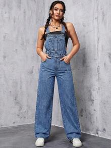SHEIN ICON Bộ áo liền quần denim nữ kiểu dáng thường ngày, đa năng, có túi. - Rửa trung bình - Xem 4