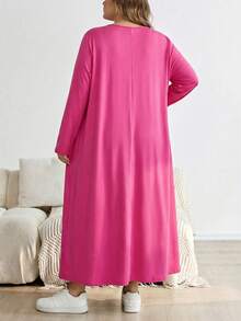 SHEIN CURVE+ Đầm midi dáng chữ A dài tay màu đen cỡ lớn, thời trang thu đông. - Màu Hồng Tươi - Xem 2