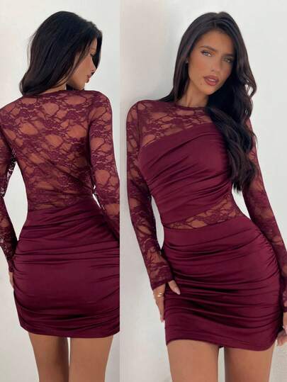 Aloruh Women's New Arrival Mini Dress, Long Sleeve Dress, Wine Red Lace Patchwork Vintage Romantic Sexy Elegant Lady Dress Long Sleeve Elegant Dress See Through Dress Wine Dress Mesh Dress Fall Clothes For Women Winter Clothes For Women Autumn Clothes Party/Nightclub/Y2K Outfit Burgundy Dress Dark Red Dress Red Wine Dress,Wedding Guest Dress Women Summer Outfits For Women Summer Clothes Summer Holiday Outfits
