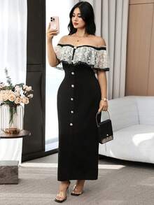 Feyla Plus Size Elegant Contrast Color Lace Patchwork Off-Shoulder Dress, Summer - Multicolor - View 8