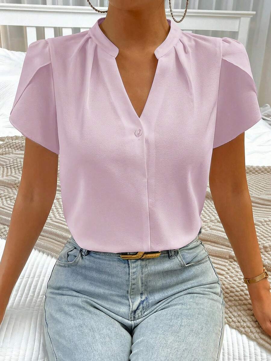 EMERY ROSE 夏季休闲纯色翻领衬衫 女士夏季上衣 女士上衣和衬衫 粉色衬衫 可爱女士上衣 短袖衬衫 女士夏季衬衫 女士办公上衣 女士休闲现代衬衫 - 紫色 - 查看 1