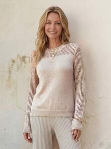 EMERY ROSE New Autumn Casual Loose Hollow Out Mesh Layered Fashionable Knit Blouse For Women Fall Sweater - Apricot - View 1