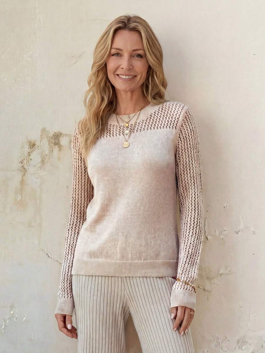 EMERY ROSE New Autumn Casual Loose Hollow Out Mesh Layered Fashionable Knit Blouse For Women Fall Sweater - Apricot - View 1