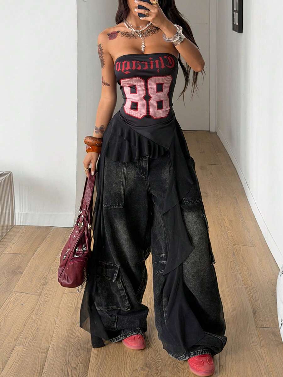 Coolane Women's Summer/Spring Y2K Graphics Contrast Lace Sport Tube Ruffle Mini Skirts - Black - View 1