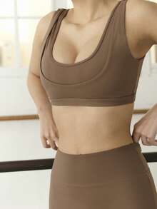 Nöista Coffee Brown Sports Bra With Double Strap Scoop Design,Removable Padding Medium Support For Summer Athleisure Gym Running Women Fitness Training - Coffee Brown - View 3