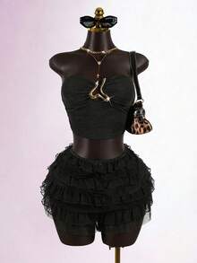 SaltGleam SaltGleam Top corto elegante con hebilla de metal decorativa para uso diario y vacaciones, estilo callejero juvenil para primavera/verano - Negro - Ver 7