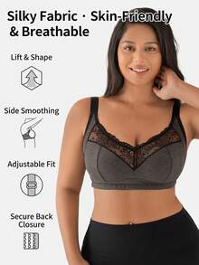 DesireSculpt 1pc Ribbed Fabric Full Coverage Wireless Lace Trim Patchwork Ladies Bra - Dark Grey - View 1
