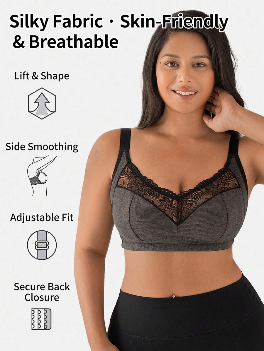 DesireSculpt 1pc Ribbed Fabric Full Coverage Wireless Lace Trim Patchwork Ladies Bra - Dark Grey - View 1