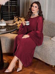 Modelyn Elegant Solid Color Mesh Flared Sleeve Waist Ruched A-Line Plus Size Dress, Suitable For Spring And Autumn - Burgundy - View 6