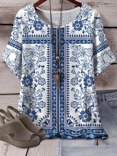 SHEIN LUNE Plus Size All-Over Floral Print Casual Short Sleeve T-Shirt