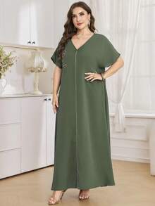 Al Najma Vestido largo de manga corta de unicolor, talla grande, estilo turco y árabe para mujeres - Verde - Ver 7