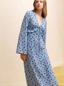 lacRébo 天蓝色碎花V领系带中长连衣裙，荷叶边细节，长袖，春夏野餐连衣裙，外出连衣裙，法式巴黎风连衣裙，可爱连衣裙，复古连衣裙，女士春季连衣裙，女士休闲连衣裙，女士度假连衣裙，碎花连衣裙，长袖吊带裙 - 淺藍色 - 查看 8