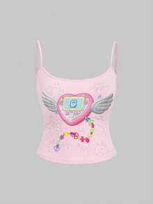 ROMWE Kawaii 可爱萌系表情吊坠，Y2K电子宠物玩具，手机挂饰，睡梦中的爱心翅膀，韩版春夏露脐吊带背心，小猫咪 - 粉色 - 查看 1