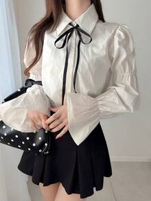 FRIFUL Blusa holgada y versátil de manga larga con contraste de color para mujer, ideal para primavera/verano - Blanco - Ver 5