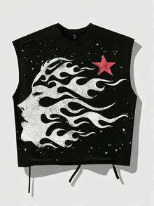 ROMWE MEN Street Life 2026 Spring/Summer New Arrival Men's Casual Fashionable Y2K Style Sleeveless Crew Neck T-Shirt, Unisex Couple Matching Women's Sleeveless Tank Top - Black - View 5