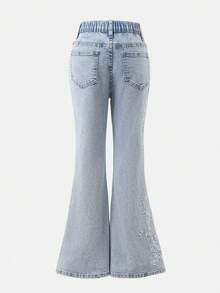 SHEIN Tween Mädchen Jeans 8J-12J mit floraler Stickerei Design Skinny Flare, Slim Fit Seitentaschen, Taillenbund mit Gummizug, weiches Denim Material, geeignet für Stadtbummel, Alltags-Mode, Outfits des Tages, Ausflüge, Partys, 2026 Neuankömmling Tween Mädchen elegante bestickte Flare Jeans - Helle Waschung - Übersicht 2