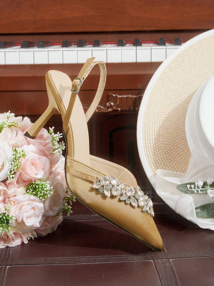 CUCCOO HITCHD Women's High Heel Pumps, Elegant & Luxurious Pointed Toe, Rhinestone Chain, Champagne Gold Satin, Suitable For Wedding Bride, Bridesmaid, Guest, Party