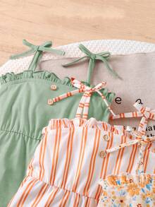 SHEIN Set de 3 piezas Mono de punto floral y a rayas lindo para bebé niña en verano - Multicolor - Ver 3