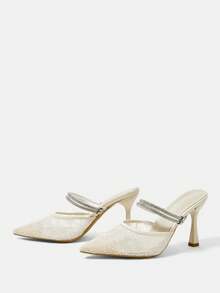 CUCCOO HITCHD 细跟网面高跟鞋，闭趾性感绑带凉鞋 - 杏色 - 查看 3