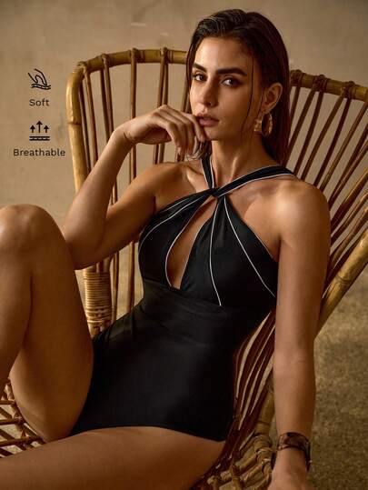 MOTF PREMIUM TRAJE DE BAÑO DE UNA PIEZA CON CUELLO DE HALTER, RECORTES Y RIBETE DE CONTRASTE