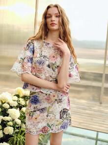 MOTF PREMIUM 2PCS WOMEN'S EMBROIDERED SHORT SLEEVE TOP AND SKIRT SET, SPRING/SUMMER - Apricot - View 8