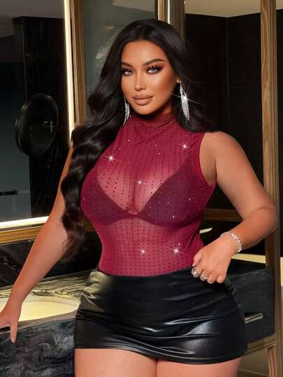 NU&NOW Sexy Daily, Date, Party, EDM Festival Sleeveless High Neck Backless Rhinestone Mesh Vest, Plus Size