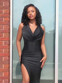 Steph T 女式围脖领口挂脖开衩下摆连衣裙长款女装 - 黑色 - 查看 6