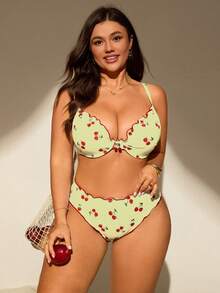 Swim Mod Plus Size Women 2pcs/Set Random Print Padded Tankini Swimwear Set - Light Yellow - View 3