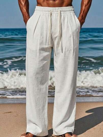 VIVINTIMO Men's  Linen Solid Color Drawstring Waist Pockets Straight Leg Casual Pants Men Drawstring Pants Japanese Pants For Men Men Vacation Pants Men Linen Pants Boho Pants Men