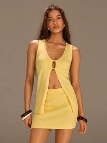 Athîral 女士休闲度假针织黄色开衫上衣和印花半裙两件套，春夏款 - 鵝黃色 - 查看 6