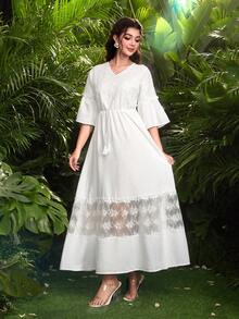 Modelyn Women's White V-Neck Embroidered Lace Patchwork Loose Waist Fit Puff Sleeve Dress - White - View 5