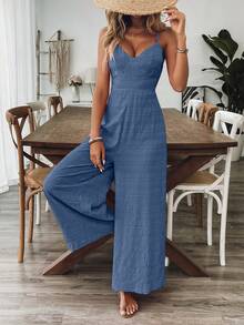 Breezaya Women's V-Neck Backless Bowknot Strap Jumpsuit, Rose Red, Spring/Summer - Blue - View 3