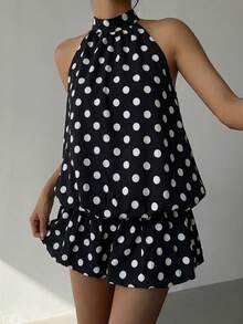 Aloruh Vestido corto de verano con escote halter y espalda descubierta, con estampado de lunares sexy para mujer - Blanco y Negro - Ver 7
