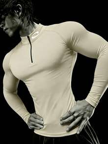 GymBeat Men's Zipper Design Raglan Sleeve Casual Fitness Workout T-Shirt - Apricot - View 3