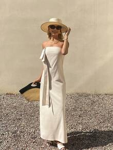 DAZY Solid Color Waist-Cinched Dress With Bow Decor, Elegant Summer Long Dress For Women Sundress - Apricot - View 6