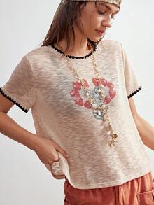 Bohemela Camiseta de punto de cuello redondo con textura de punto en color avena, con detalles de bloqueo de color y estampado de patrón retro, en estilo bohemio y cómodo casual Y2K. Perfecta para salidas casuales, reuniones con amigas, festivales de música, capas para fiestas o ropa de estar en casa relajada, con un estilo libre y relajado. - Albaricoque - Ver 6