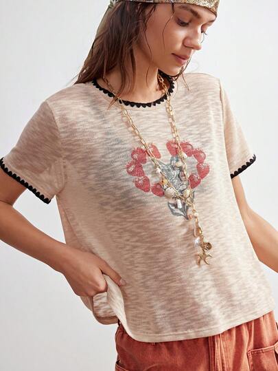 Bohemela 女士休闲舒适 Y2K 波西米亚风音乐节复古图案印花钩针撞色细节燕麦色针织纹理圆领T恤，夏季上衣，基础款上衣，完美适用于休闲外出、闺蜜聚会、音乐节、派对叠穿或居家休闲穿着，自由随性风格