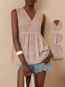 Vesra Women's New Fashion Sequin Embroidered Sleeveless Blouse - Pink - View 1