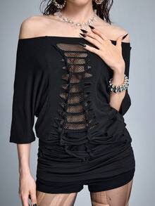ROMWE Goth Y2K Vintage Off-Shoulder Perforated Distressed Hollow Mesh Splice Mid-Sleeve T-Shirt - Black - View 2