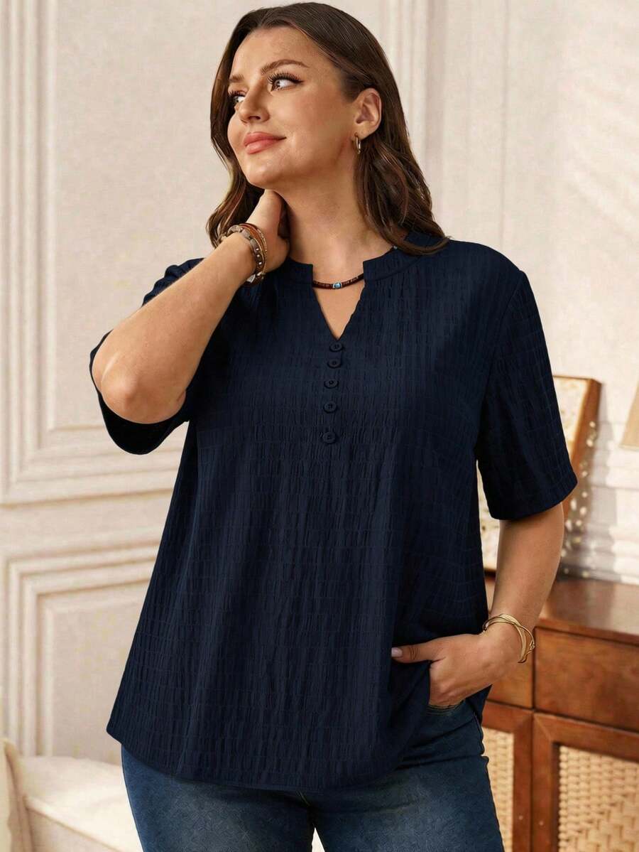 EMERY ROSE Tricou casual de vară cu decolteu în V, mânecă scurtă, mărime plus, material texturat, model profesoară pentru femei - Albastru marin - Vizualizare 1