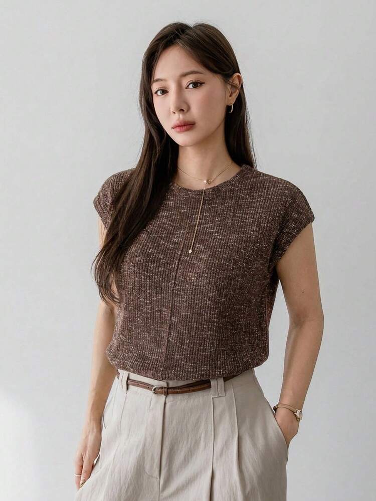Fashionable Textured Brown Casual Minimalist Design Splice Office Business Casual Commute Elegant Short Sleeve T-Shirt For Women, Suitable For Summer & Spring