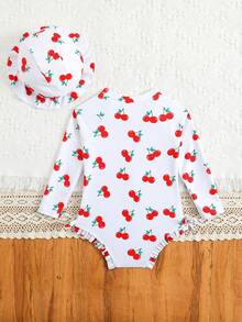 1 pieza Traje de baño de una pieza de manga larga para bebé/niña con cierre, moño lindo y estampado floral, incluye sombrero - Blanco - Ver 2
